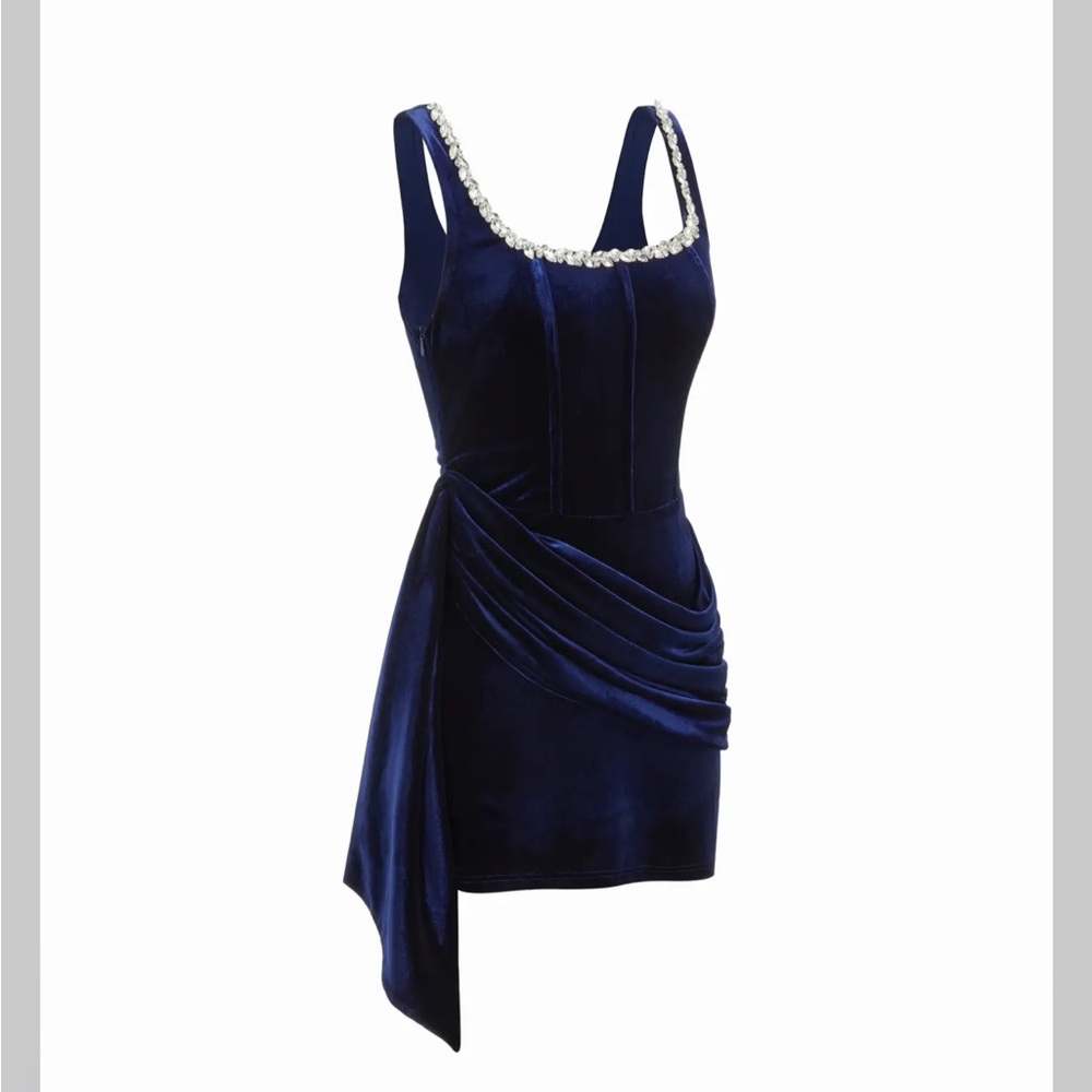 Cider VELVET U-NECKLINE RHINESTONE DRAPED RUCHED CORSET MINI DRESS M CC16-11 - Picture 3 of 6